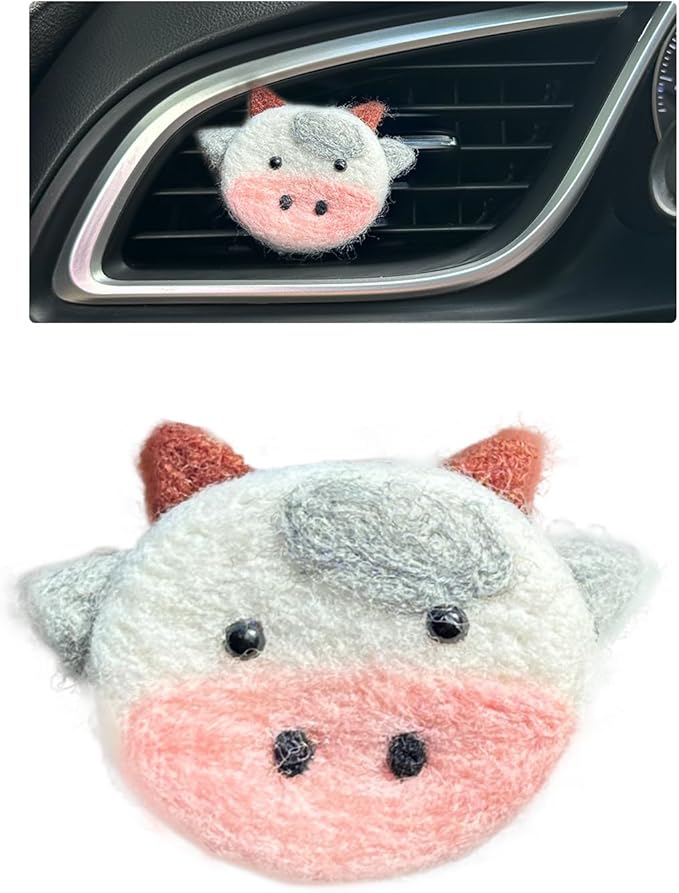Cow Car Decor,Cute Air Vent Clip Car Air Freshener,Handmade Wool Felt Essential Oil Diffuser,Girly Cartoon Highland Cattle Decoration Accessories for Women