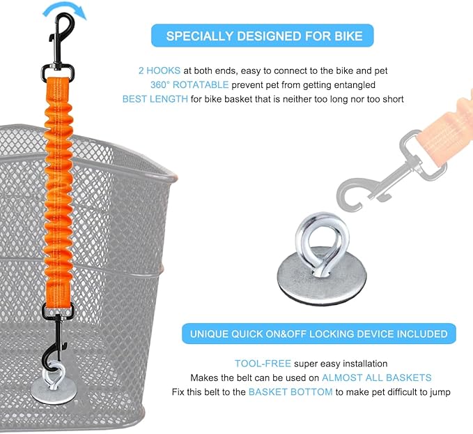 Dog Seat Belt for Bike Basket, Retractable Bicycle Dog Seatbelt, Elastic Pet Safety Leash Harness for Cat, Dog Leash Extension Attachment Shock Absorbing Lead Extension Absorber (Orange)