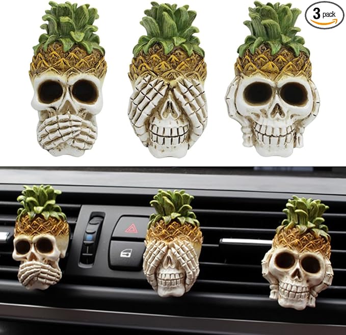 Car Air Fresheners Vent Clips 3 PCS Car Interior Accessories for Men Women Cute Skull Auto Air Conditioner Vent Clip Decor, for Car Office Home Halloween Christmas Gift (Pineapple Skull Set)