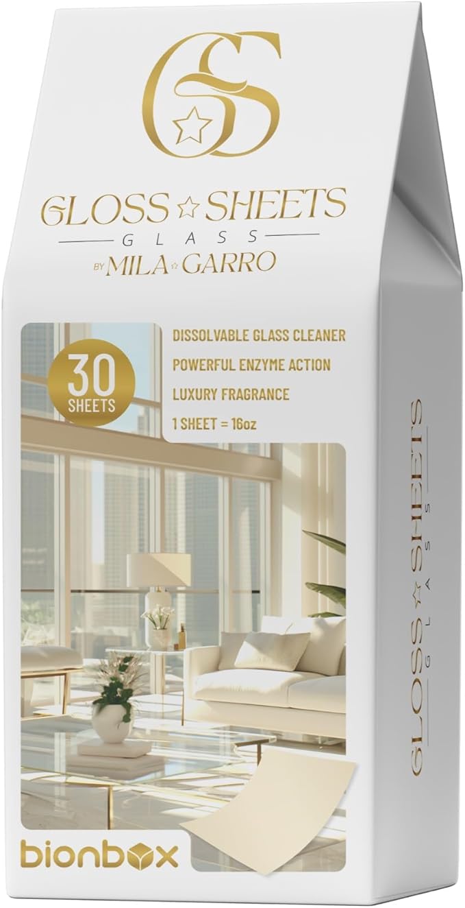 Glass Cleaner by Mila Garro – Streak-Free Enzyme Formula – 30 Water Dissolvable Sheets (Makes 3.75 Gallons) – Window & Mirror Cleaning – Free 2 Microfiber Cloths