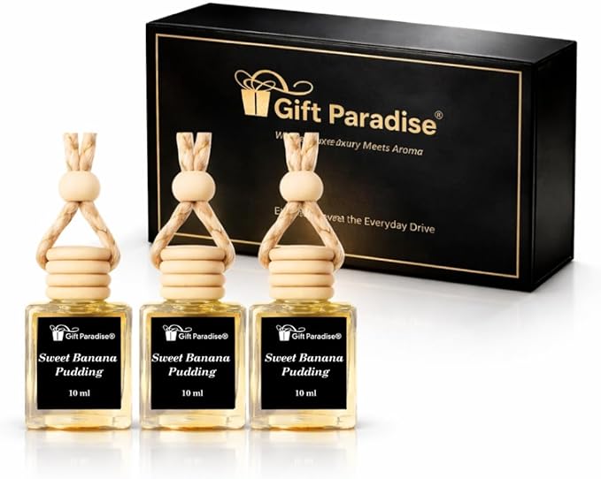 Gift Paradise® Sweet Banana Pudding Car Air Freshener Set of 3 – 10 ml Hanging Diffusers with Wooden Cap – Creamy Banana Vanilla Scent – Long-Lasting – Magnetic Gift Box