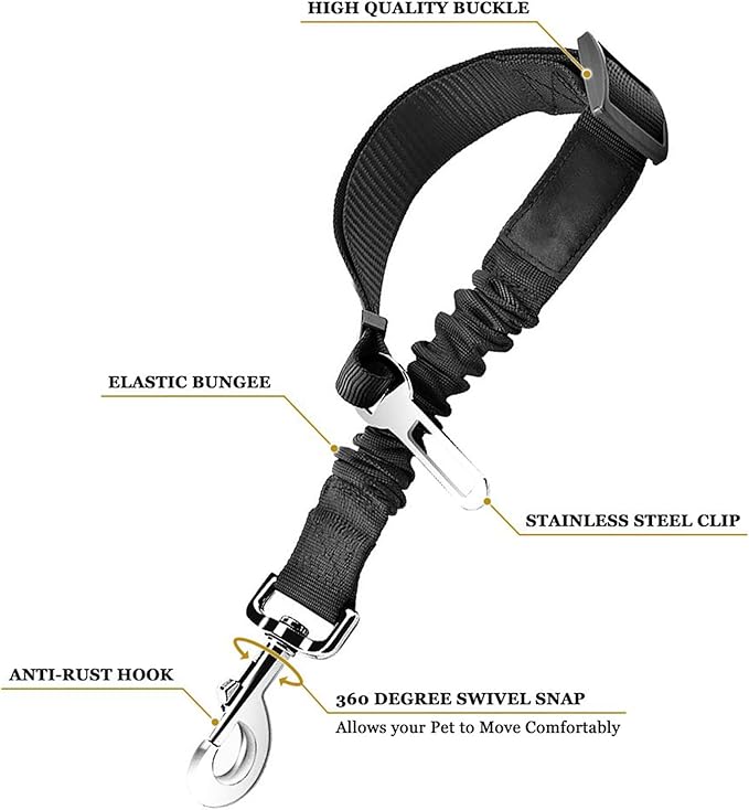 SunGrow Elastic Nylon Dog Seat Belt, 24” - 36”, Adjustable Black Harness, Elastic Tether with Metal Buckles, 2 Pcs per Pack