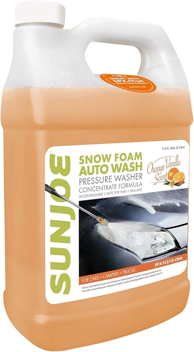 Sun Joe Snow Foam Car Wash Soap & Cleaner Concentrate, Orange Vanilla Scent, 1 Gallon - Cleaning Solution for Automotive Vehicles, Vinyl, Aluminum, Wood, & Brick Surfaces, SPX-FCS1G-COC