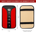 Bling Leather Car Center Console Cover, Anti-Slip Crown Armrest Seat Box Cushion Pad with Rhinestones, Waterproof Crystal Arm Rest Protector Interior Decor for Most Vehicles (Red)