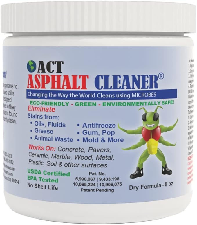 ACT Asphalt Cleaner – Eco-Friendly Dry Powder Oil Stain Remover for Driveways, Parking Lots & Roadways | HOA Approved | Bioremediation Formula | Safe around Pets | 8oz