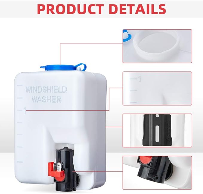 KEMIMOTO Universal Car Windshield Washer Pump Washer Fluid Reservoir Bottle Kit with Pump Jet Button Switch 12V Windshield Tank