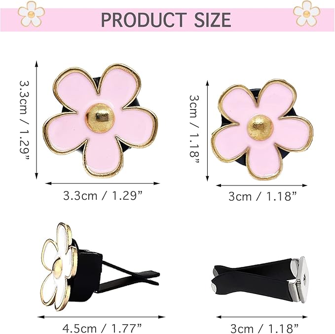 6pcs Car Air Freshener Perfume Clip, Daisy Flower Car Decoration Automotive Dashboard Outlet Air Vent Clip Decor Charm Interior Accessories for Girls Women(3 cm, 3.3 cm, Black, Pink, White)