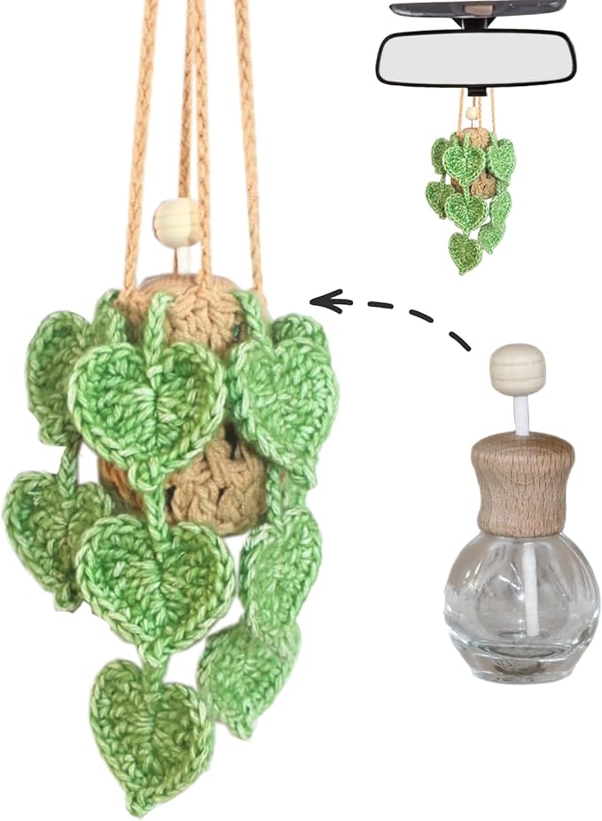 Handmade Crochet Hanging Car Air Freshener- Lifelike Green Pothos for Hanging with 12ml Thick Refillable Glass Diffuser Bottle, Suitable Decor for Car Rearview Mirror, Home & Wellness Spaces