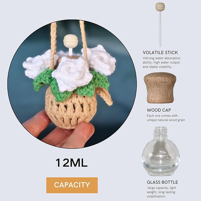 Handmade Crochet Hanging Car Air Freshener - Pure Elegant White Rose Design, 12ml Refillable Thick Glass Bottle, Car Diffuser for Rearview Mirror, Home & Office Minimalist Decor