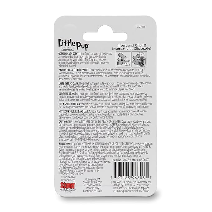 Little Pup 96603-6PK Ocean Splash Scent, Car Air Freshener, Clips to A/C Air Vent, Alcohol-Free Fragrance Oil, Non-Hazardous and Non-Toxic Plastic, Set of 6