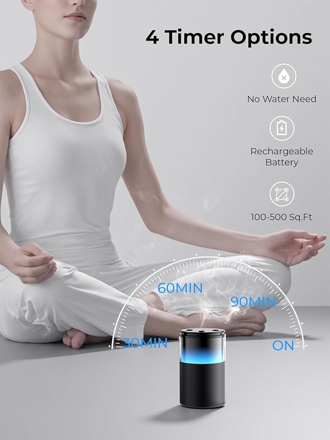Waterless Diffuser for Essential Oil: Mini Battery Scent Diffuser for Room&Home&Car with 9 Colors LED Light - Aroma Cool Mist Machine Charcoal Black