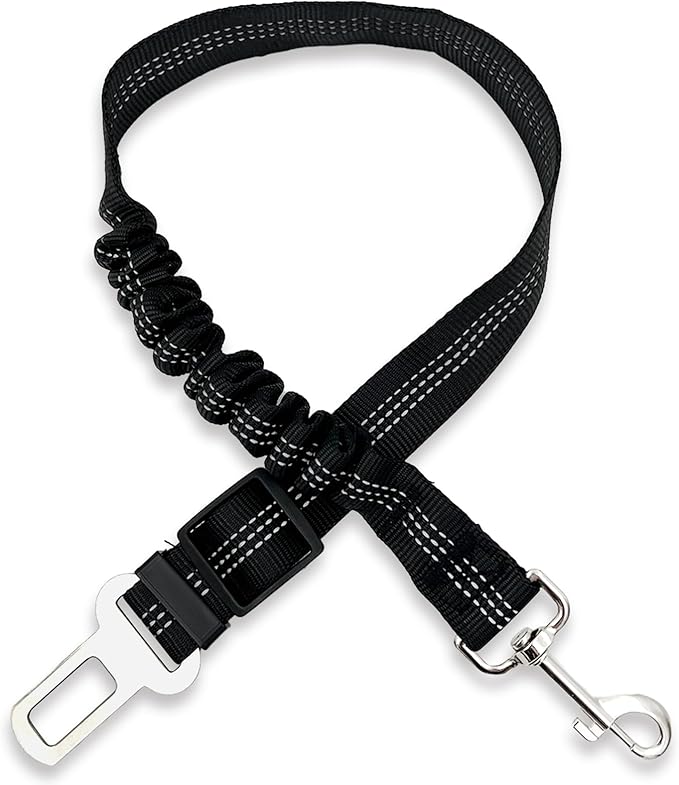 Black Adjustable Dog Car Safety Seat Belt with Elastic Cushion Leash & Anti-Tangle Metal Buckle