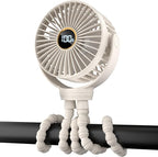 Portable Stroller Mini Fan, Small Rechargeable Personal Fan, Travel Essentials for Baby, Wagon, Car Seat, Treadmill, Battery Powered Biking Gear Accessories, 360° Rotation, 3-Speed, Display, Beige