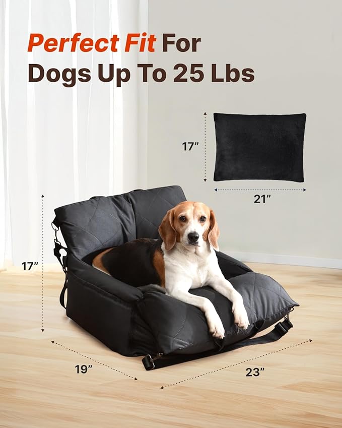 PET MARVEL Dog Car Seat for Small Dogs Up to 25 lbs, Pet Booster Seat & Travel Carrier with Safety Leash and Thick Cushion, Fully Detachable Washable Pet Bag with Storage Pocket, Portable, Black
