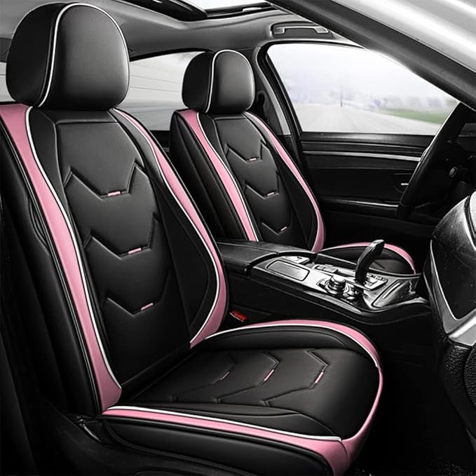 otoez Car Seat Covers Full Set, 5 Seat Pink Leather Seat Cover for Car, Waterproof Automotive Front and Back Seat Protectors for Most Sedens Trucks SUVs, Black & Pink