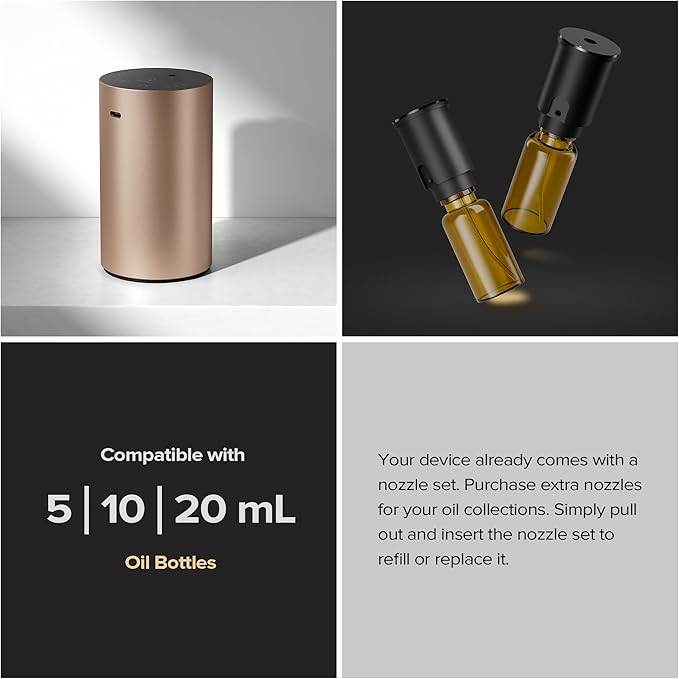 Airversa Waterless Essential Oil Diffuser Starter Kit with 30mL Sandal Lux Fragrance Oil Inspired by Luxury Hotel Scent for Home Car Office, Aroma Air Diffuser, Baterry Operated, ADX-Kit Metal Black