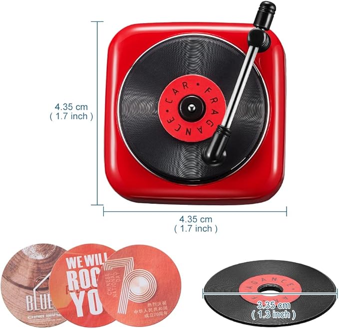 Record Player Car Vent Clips Air Freshener Retro Style Album Cover Car Air Conditioning Outlet Clip Fragrance Diffuser Car Interior Decoration Accessories, Red
