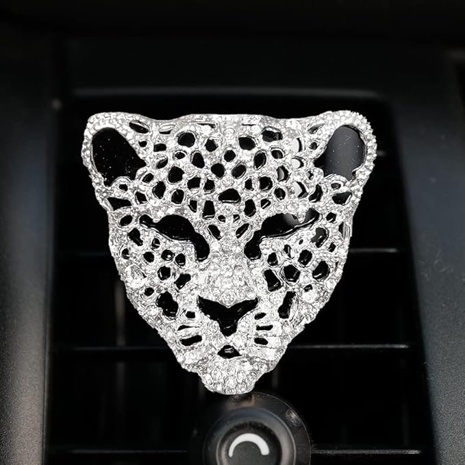 Bling Rhinestone Leopard Head Car Air Freshener Vent Clip, Sparkly Cheetah Print Auto Decoration, Refillable Essential Oil Diffuser, Cute Car Accessories for Women