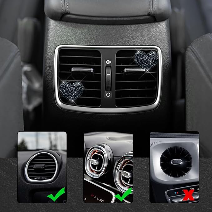 4PCS Bling Heart Air Vent Clips, Car Air Freshener for Women, Air Fresheners Diffuser Clip Charm, Car Air Conditioning Outlet Clip Decorative Accessory for Women Girls (Black, Style1)