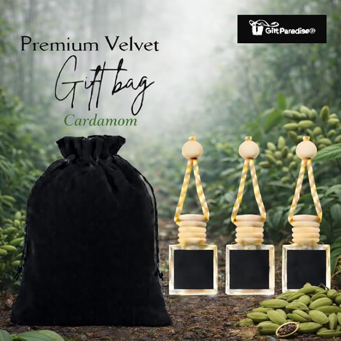 Gift Paradise® Cardamom Glow Hanging Car Air Freshener Set of 3 (10 ml Each) – Long-Lasting Fragrance Oil Diffuser for Car, Home & Office | Velvet Gift Bag Included | Holiday Gift Set