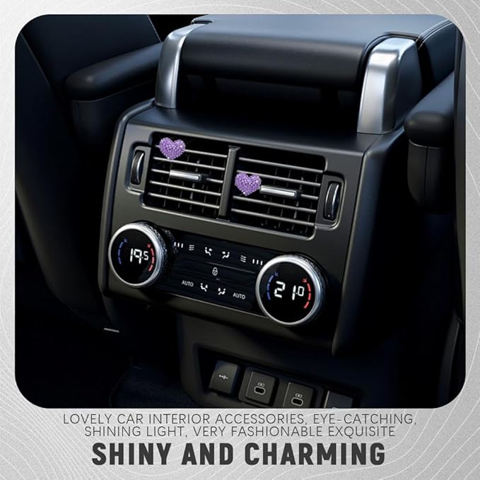 2PCS Bling Heart Air Vent Clips, Heart Shaped Crystal Air Freshener Vent Clips, Rhinestone Air Conditioning Outlet Clip, Universal Interior Decor Car Accessories for Women Girl (Purple)