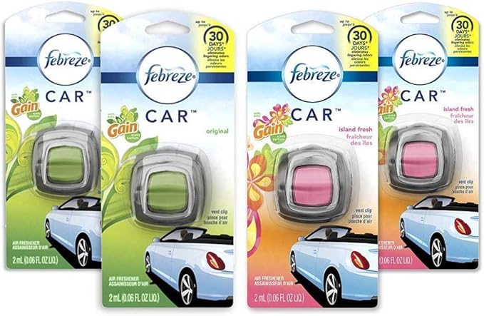 Febreze Car Air Freshener, 2 Gain Original and 2 Gain Island Fresh Scents, Odor Eliminator for Strong Odors (4 Count)
