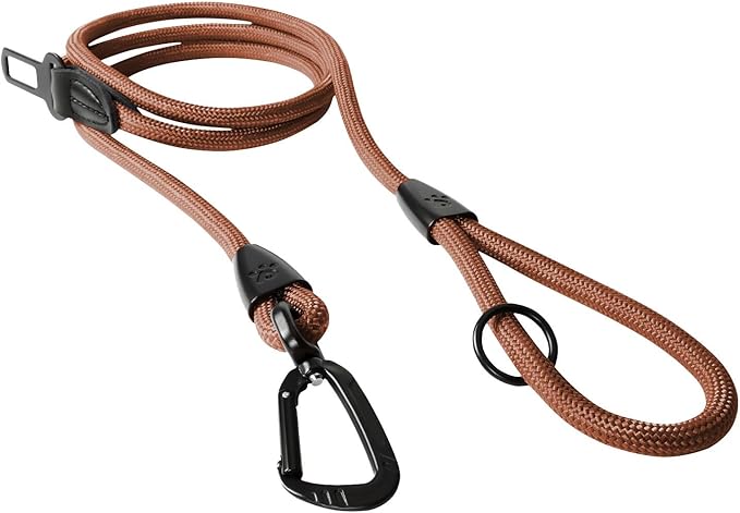 PawsPassion Rope Dog Leash 4 FT, 2-in-1 Heavy Duty Dog Leash with Seat Belt Buckle, Tangle Free 360ｰ Swivel Aviation Aluminum Carabiner, All Metal Hardware, Alloy O-Ring (Canyon Red)
