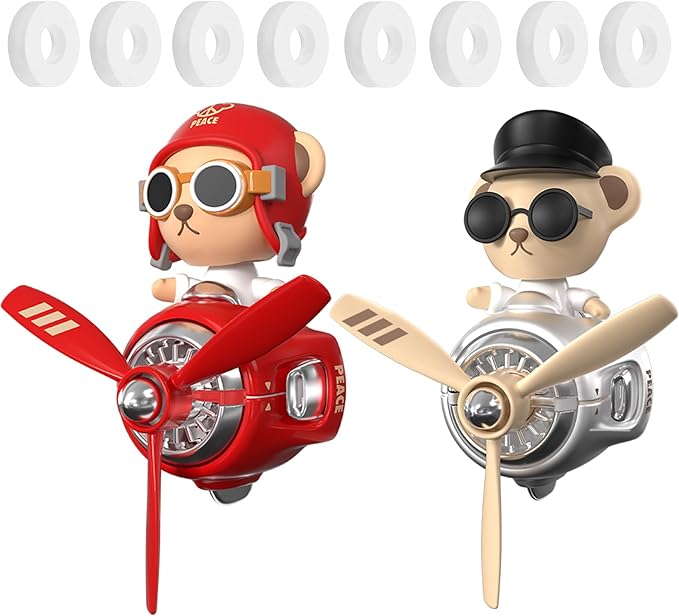 2Pcs Car Air Fresheners, Cute Bear Pilot Automotive Air Outlet Creative Car Perfume Diffuser, Automotive Accessories Air Vent Decoration with 8 Fragrant Tablets (Red 1+Silver 1)