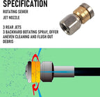 Hourleey Sewer Jetter Kit for Pressure Washer 200FT, 4000 PSI Drain Cleaner Hose 1/4 Inch NPT, Corner Rotating and Button Hose Sewer Jetting Nozzle Pearl Corsage Pin Tape Handle Strap Spanner, Green