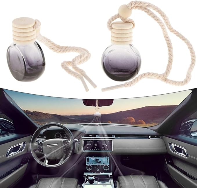 8Pcs,6ml Hanging Car Air Freshener Diffuser, Essential Oil Pendant Perfume Aromatherapy Vials,Thick Oblate-Style Glass Fragrance Container With Wooden Caps & Hanging String,FREE Funnel,Dropper