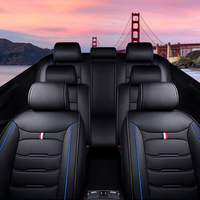 Car Seat Cover 7 Seats for Toyota Highlander 2001-2025, Waterproof Durable Premium Leather Car Seat Protector, Comfortable Anti-Slip Stylish Sport Seat Cover(7 Seats Standard,Black Blue)