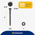 3/8 x 4 (50 Pack) Lag Screw Kit, 50 Screws and 50 Washers, Ceramic Black Ruspert Coating for Exterior Use, Meets ASTM A307 and ASME B18.2.1, Industrial/Commerical Grade by Makers Bolt