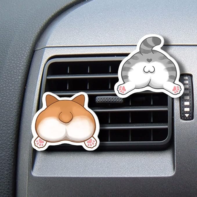 WIRESTER Set of 2 Fresh Scented Car Air Freshener Vent Clip, Decorative Accessories, Interior Decoration for Cars - Gray Tabby Cat Butt, Corgi Butt