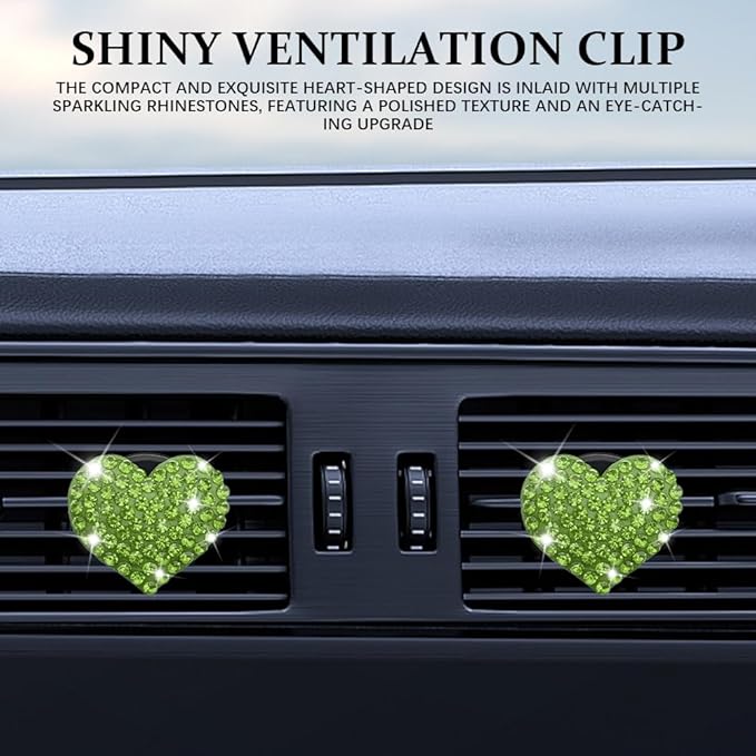 4PCS Heart-Shaped Car Vent Clip with Rhinestone, Vent Clip Car Accessories, Sparkly Rhinestone Bling Diamond Freshener Holder, Air Conditioning Outlet Ornament for Women Girls (Green, Style1)