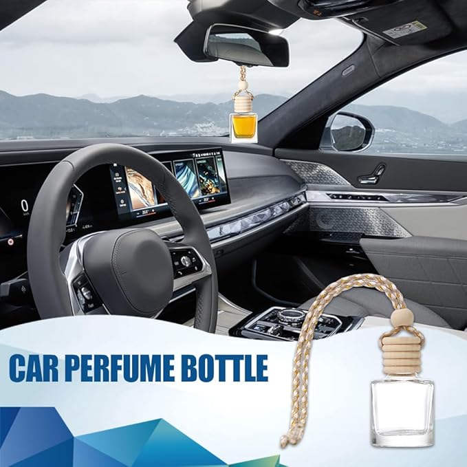 ASUBHA 20 PCS 8ml Hanging Car Air Freshener Diffuser,Empty Clear Glass Essential Diffuser Oil Aromatherapy Fragrance Perfume Pendant Glass Vials with Wooden Caps & Hanging String, Cylindrical