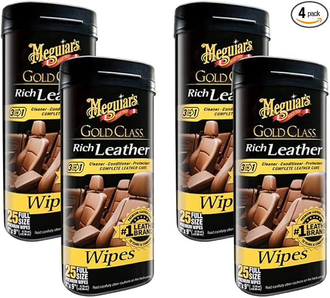 Meguiar's Gold Class Rich Leather Wipes Clean, Condition & Protect Leather Surfaces with UV Protection, Aloe-Infused Formula, 30 Wipes, 4 Packs