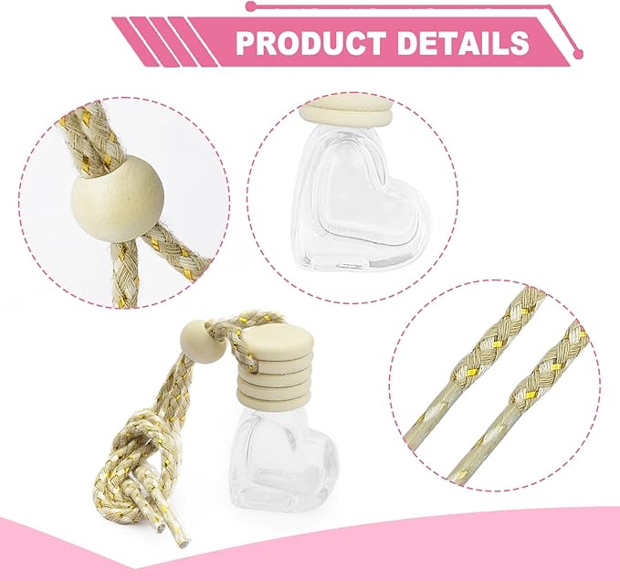 5 pcs Car Hanging Empty Glass Perfume Bottles Pendant Bottle, DIY Air Freshener Pendant, Empty Clear Glass Essential Diffuser Oil Aromatherapy, Glass Bottle Decor (Heart Shape)