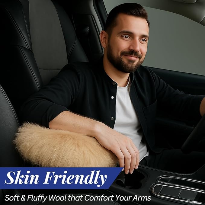 Andalus Brands Pure Australian Sheepskin Fluffy Car Center Console Cover, Luxurious Non-Shedding Furry Arm Rest Cover for Car, Versatile for All Seasons, Camel Brown - (11.47" X 6.3")