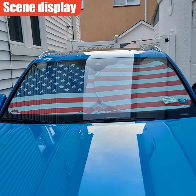 American Flag Car Windshield Sun Shade, Foldable Car Front Window Sunshade for Cars SUV Truck, Auto Interior Sun Protection Cover, Blocks UV Rays & Keeps Your Vehicle Cool (Red, L)