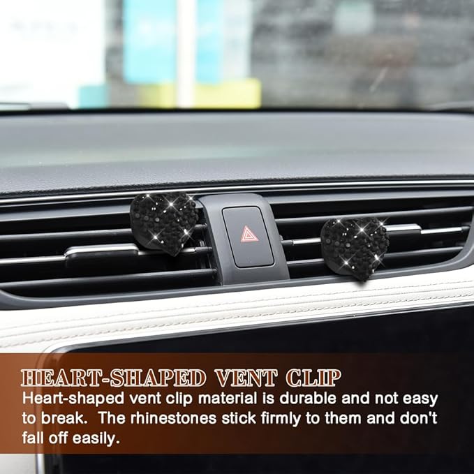 2PCS Heart-Shaped Car Vent Clip with Rhinestone, Car Vent Accessory, Bling Heart Charm Air Conditioning Outlet Clip, Auto Diffuser Air Freshener Charm for Women Girls (Black, Heart)