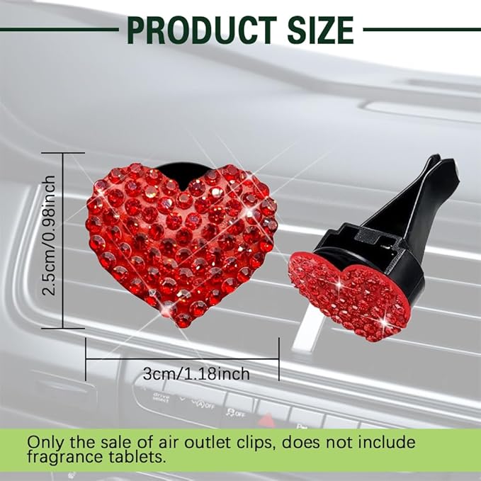 2PCS Bling Heart Air Vent Clips, Heart Car Accessories, Bling Heart Charm Air Conditioning Outlet Clip, Car Interior Decor Air Fresheners Vent Clips Universal Fit for Women and Girls (Red)