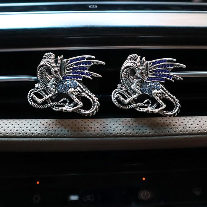 Bling Dragon Car Decor,2pcs Silver Blue Vintage Dragon Car Air Freshener Vent Clips,Refillable Diffuser