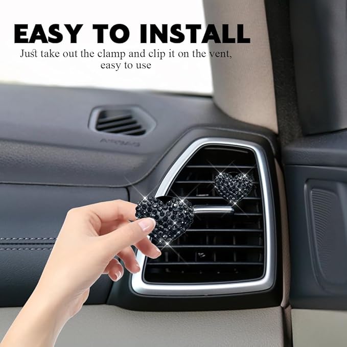 4PCS Bling Heart Air Vent Clips, Car Air Freshener for Women, Air Fresheners Diffuser Clip Charm, Car Air Conditioning Outlet Clip Decorative Accessory for Women Girls (Black, Style1)