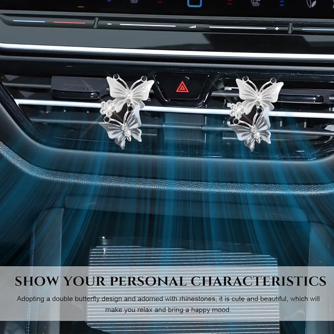 2PCS Car Air Vent Clips, Dual Butterfly Diamond Car Air Conditioner Outlet Vent Clip, Cute Car Diffuser Perfume Clip, Car Air Freshener Decor Accessories for Women Girl (Gray, Style 1)