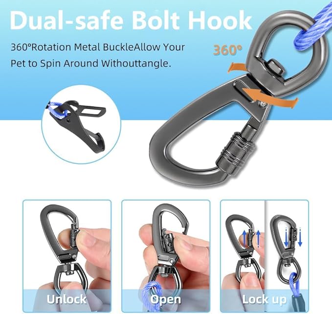 Dog Car Seat Belt - 3-in-1 Heavy Duty Safety Harness with Locking Carabiner, Universal Buckle Adapter, Chew-Proof Steel Rope (Blue, 32in/80cm)