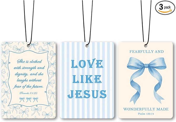 Blue Christian Girls Car Air Freshener Accessories 3pcs, Preppy Coquette Bow Hanging Air Fresheners Decor for Girly Room Closet Bathroom, Scripture Car Scent Lavender Fragrance Card for Women