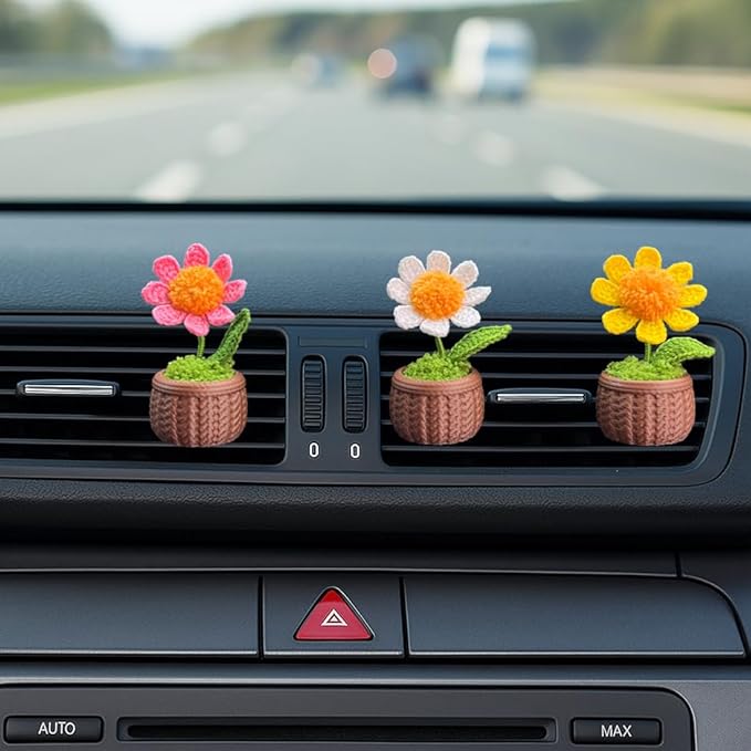 Cute Daisy Air Vent Decorations, Handmade Crochet Air Freshener Vent Clip, 3 Pack Vent Clips Accessories for Women Car Decor Gifts (Daisy, Tasteless)