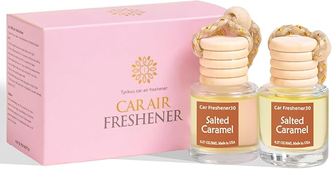 Hanging Car Air Freshener, Long Lasting Essential Oil Diffuser, Non-Toxic Salted Caramel Scent, Cute Car Fresheners for Women, 2 Pack Made in USA
