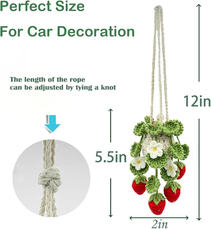 Crochet Hanging Plant Car Air Freshener，10ml Empty Refillable Car Diffuser Bottle with Potted Plants Car Mirror Hanging Accessories Car Air Hanging Fragrance Oil Diffuser (Deep Strawberry)