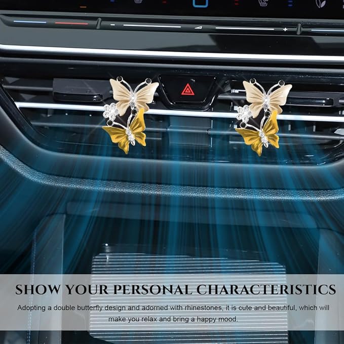 2PCS Car Air Vent Clips, Dual Butterfly Diamond Car Air Conditioner Outlet Vent Clip, Cute Car Diffuser Perfume Clip, Car Air Freshener Decor Accessories for Women Girl (Yellow, Style 1)